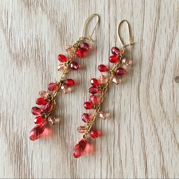 Red & Gold Beaded Crystal Drop Earrings - Picture 2 of 3